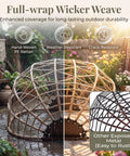 Comparison of full-wrap wicker weave with other exposed metal for Double Hanging Egg Chair With Stand For Patio Or Balcony Oversized Two Person Outdoor Swing With Thick Cushions And All Weather Wicker Loveseat Beige Great For Outdoor Lounging And Socializing, showing hand-woven PE rattan in a garden setting.