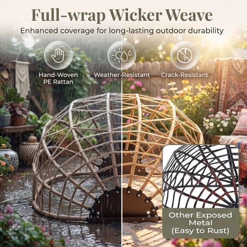 Comparison of full-wrap wicker weave with other exposed metal for Double Hanging Egg Chair With Stand For Patio Or Balcony Oversized Two Person Outdoor Swing With Thick Cushions And All Weather Wicker Loveseat Beige Great For Outdoor Lounging And Socializing, showing hand-woven PE rattan in a garden setting.