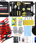 All In One Car Emergency Kit With 124 Pieces Roadside Safety Tools Includes 11.8 Foot Jumper Cables Tow Strap Folding Survival Shovel