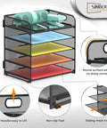 Five Tier Letter Tray Desk Organizer With Handle Metal Mesh Paper Holder and File Organizer, showing colorful trays and features