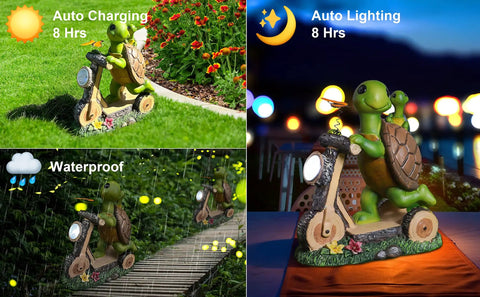 Outdoor Garden Figurine Lights Featuring A Cute Turtle Riding Scooter Solar Powered LED Statue Waterproof For Patio Yard And Lawn Decor Playful Fairy Light Garden Sculpture Gift For Family, illustrating daytime and nighttime use.