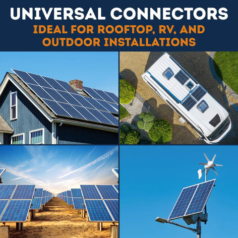 Four solar installations using T Branch Solar Connector Plug And Play 1 To 4 For Solar Panels with RV, home, and farm arrays.