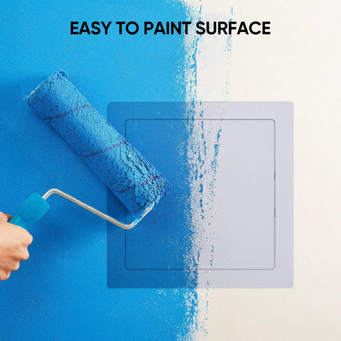Kickass Eight By Eight Inch Abs Drywall Access Panel With Smooth Paintable Finish being painted with a blue roller.