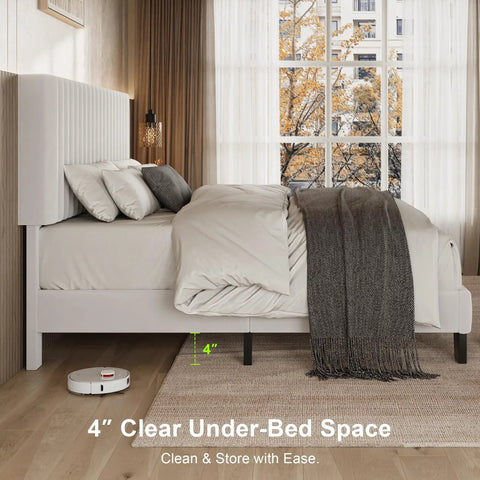 Full Size Bed Frame With Headboard White Upholstered Velvet Platform Bed Built Like A Tank With Solid Wood Slats Rock Solid Support No Box Spring Required No Fuss Setup For Modern Spaces showcasing 4" under-bed clearance.