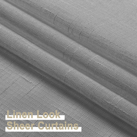 Close-up of gray faux linen sheer curtains, showing texture and material, 40x96 inches, light filtering, two panels included.