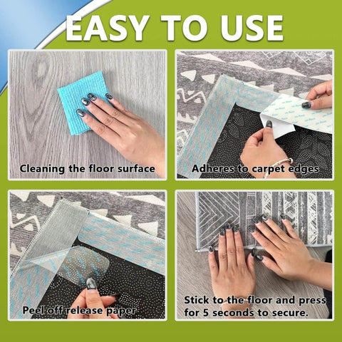 Instructions for using No Slip Rug Grippers Kit With 16 Large Double Sided Carpet Tape Strips, Reusable And Easy To Remove.