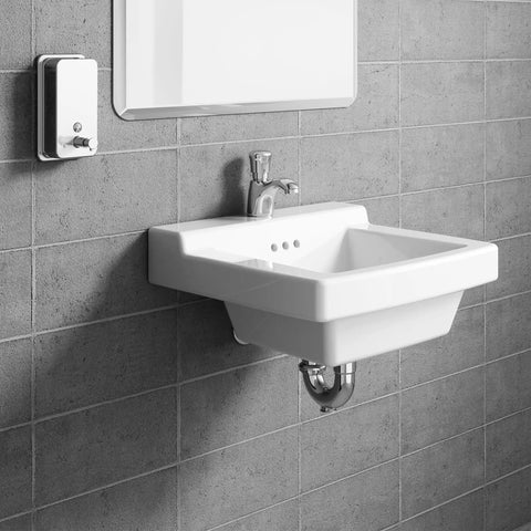 Public Restroom Pillar Tap Metering Faucet With Extended Spout Chrome Finish 0.5 GPM Auto Shutoff Vandal Resistant