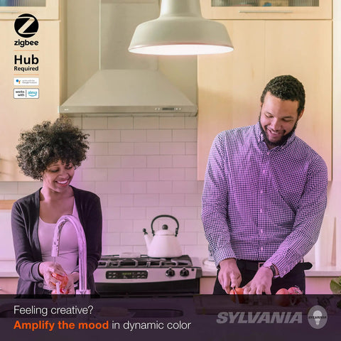 Couple cooking under Smart Color Changing A19 LED Bulb With Tunable White, ZigBee Enabled, 16 Million Colors in kitchen