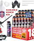 Mega Size Spray Foam Insulation Kit With Eighteen Thirty Ounce Cans Of Expanding Foam Sealant Spray, gloves, mask, and tools.