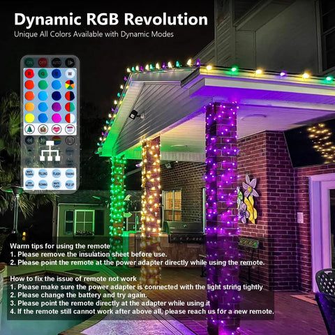 164 Ft 500 LED RGB Color Changing String Lights With Remote around patio pillars with remote control visible