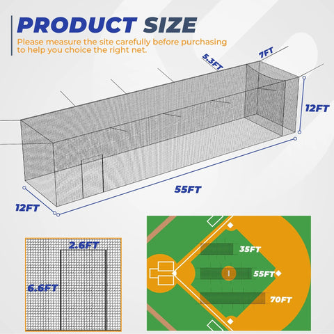 Dimensions of Batting Cage Net 35x12x12 Ft With 2 In 1 Movable Inner Net for solo or team practice, field layout included