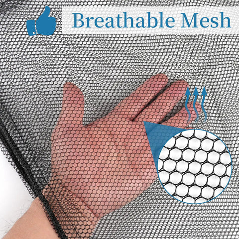 Hand showing breathable mesh of Six Pack Mesh Drawstring Bags 14 By 17 Inches With Locking Drawstrings For Gym Gear Beach Toys Balls Laundry And More Multipurpose Storage Black Durable See Through