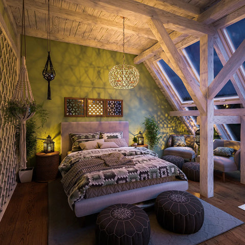 Rustic Woven Pendant Light Fixture Tan With Rope Shade Boho Three Light Ceiling Lamp in cozy bedroom with wooden beams