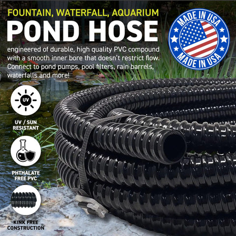 Kinkproof 1-1/2 Inch ID Waterfall Pond Tubing 20 Ft Black Corrugated PVC Flexible Tubing That Will Not Kink For Ponds Aquariums Water Gardens Rain Barrels And Aquaculture Made In USA