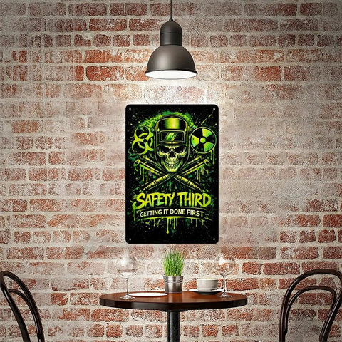 Safety Third Aluminum Sign 8x12 Vertical Poster Built Tough Rustproof Metal Art For Man Cave Decor on brick wall