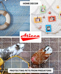 Collage of home decor and pet protection netting, showcasing decorative netting as wall photo holder and protective fencing for animals.