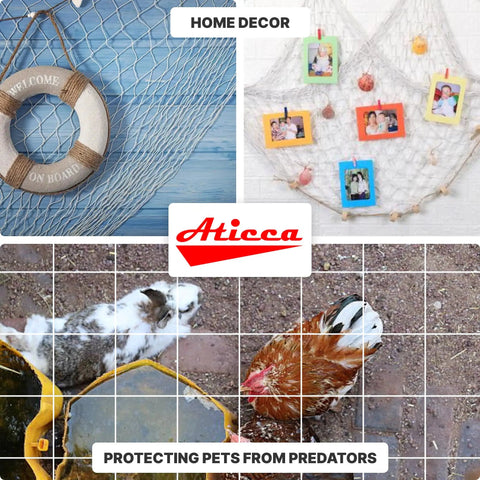 Collage of home decor and pet protection netting, showcasing decorative netting as wall photo holder and protective fencing for animals.
