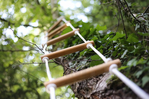 Rope ladder using Paracord 550 Nylon Rope For Camping And Hiking, hanging from tree in forest, showcasing durability