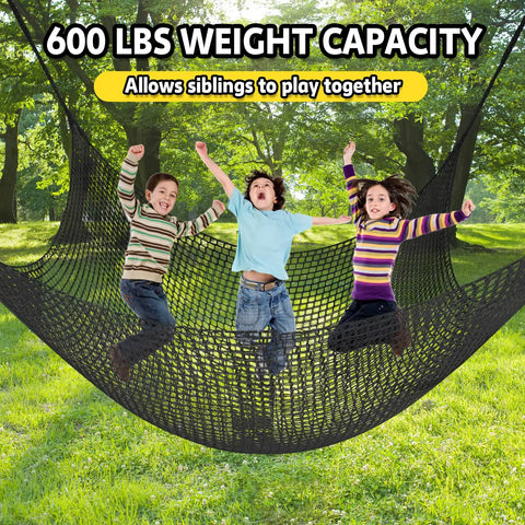 Children playing on a Climbing Net For Kids Double Layer Heavy Duty Backyard Playground Safety Net 9.9 Feet By 9.9 Feet in a park.
