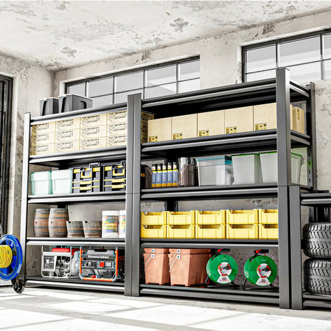 Five Tier Garage Shelving Unit Built Tough From Metal, Heavy Duty Utility Storage Rack For Garage Or Workshop, Adjustable Steel Shelves, Space Saving Organization For Tools, Parts, And Supplies in garage with bins and tools