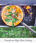 Budget-Friendly Carbon Steel Frying Pan 12 Inch pre-seasoned with food on grill, campfire ready for searing and grilling