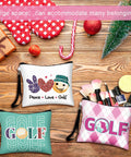 9 Piece Golf Gift Cosmetic Bags Set For Women with colorful designs, makeup brushes, and toiletry items on wooden background