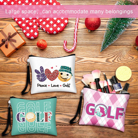 9 Piece Golf Gift Cosmetic Bags Set For Women with colorful designs, makeup brushes, and toiletry items on wooden background