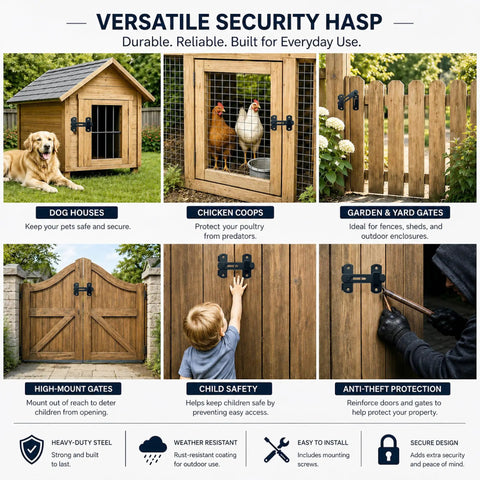 Hella Durable 180 Degree Flip Barn Door Latch Pack Matte Black Stainless Steel Gate Lock with fence and dog house.