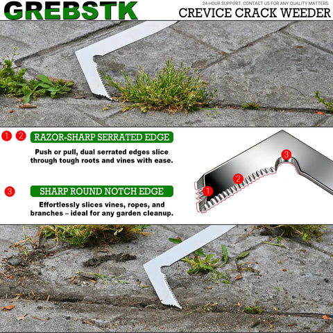 Crevice Weeder Tool With Stainless Steel Double Sided L Shaped Blade For Tight Spaces Like Patio Stones Driveway Cracks And Sidewalk Gaps Lightweight Razor Sharp Weed Buster in action between patio pavers.