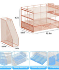 4 Tier Desk Organizer Set With File Holder, Drawer, And Two Pen Holders In Rose Gold shown with dimensions and components