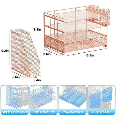 4 Tier Desk Organizer Set With File Holder, Drawer, And Two Pen Holders In Rose Gold shown with dimensions and components