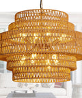 Epic Large Gold Boho Rattan Chandelier With 8 Lights, handwoven pendant light fixture, in a living room setting.
