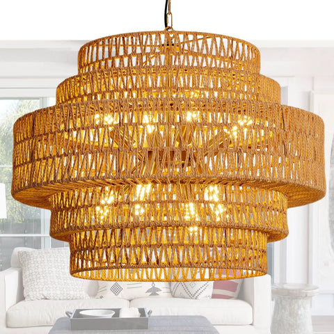 Epic Large Gold Boho Rattan Chandelier With 8 Lights, handwoven pendant light fixture, in a living room setting.