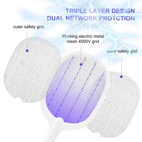 Reusable Electric Fly Swatter Racket Featuring 4000V Bug Zapper With Rechargeable Battery And Dual Mode Design, showcasing triple layer safety grid.