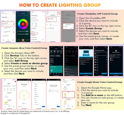 Instructions on creating lighting groups using CloudyBay, Alexa, and Google Home apps for 11 Inch WiFi Smart LED Flush Mount Light.