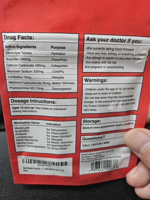 Back of Travel RX Medicine Kit Bulk Travel Kit With Individually Wrapped Medications for Indigestion, Motion Sickness and More.