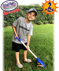 Child using Heavy Duty Wooden Kids Lawn Rakes Set Of 2 30.5 Inch Rakes With Plastic Head And Handle Red And Blue in garden