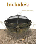 Outdoor 34 Inch Wood Burning Fire Pit Bowl With Spark Screen, Log Poker, And Grate For Backyard, Patio Or Campground Gatherings