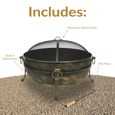 Outdoor 34 Inch Wood Burning Fire Pit Bowl With Spark Screen, Log Poker, And Grate For Backyard, Patio Or Campground Gatherings