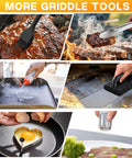 Collage of Griddle Accessories Kit 20 Piece Flat Top Grill Tools Set with spatula, brush, and melting dome in use.