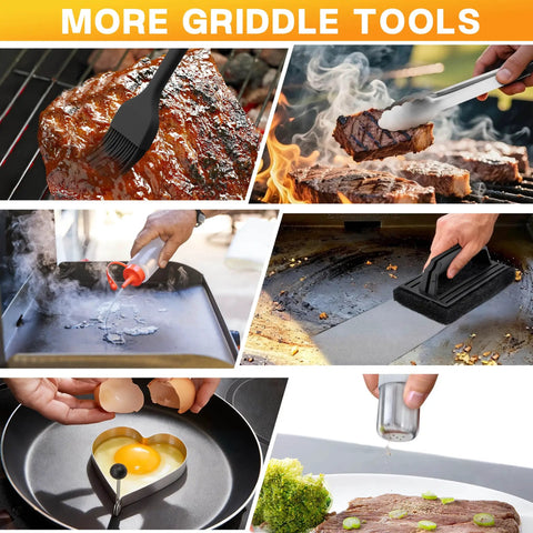 Collage of Griddle Accessories Kit 20 Piece Flat Top Grill Tools Set with spatula, brush, and melting dome in use.