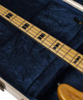 Journeyman Series Deluxe Wood Bass Case Built Tough For Electric Bass Guitars, Fits Fender Precision And Jazz Basses And More, Heavy Duty Plywood Shell, Vintage Burlap Exterior With Royal Blue Accents, Antique Brass Locking Latch. Bass neck in blue-lined case