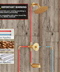 Fresh Gold Tub And Shower Faucet Fixture Set Featuring Dope Six Inch Rain Shower Head Plus Top Shelf Solid Brass Valves For Slick Bathroom Upgrades And Easy DIY Installations with plumbing warning.