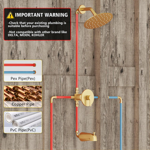 Fresh Gold Tub And Shower Faucet Fixture Set Featuring Dope Six Inch Rain Shower Head Plus Top Shelf Solid Brass Valves For Slick Bathroom Upgrades And Easy DIY Installations with plumbing warning.