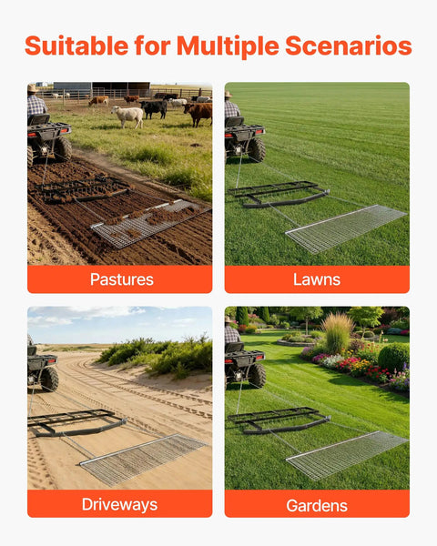 Image of Tow Behind 6 Ft Drag Harrow in use on pastures, lawns, driveways, and gardens with ATVs.