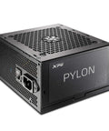 Beefy 450 Watt Computer Power Supply With 80 Plus Bronze Efficiency And Quiet 120mm Fluid Dynamic Fan For Silent Gaming Rigs And Rock Solid Daily Performance Under Heavy Loads side view, featuring XPG branding.