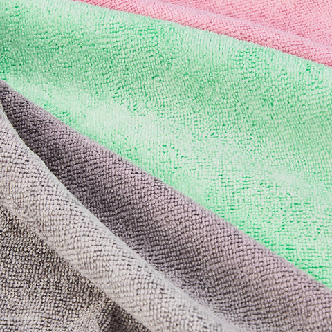 Ultra Soft Microfiber Cleaning Cloths 24-Pack For Cars And Glass, Streak Free And Lint Free in green, gray, pink close-up
