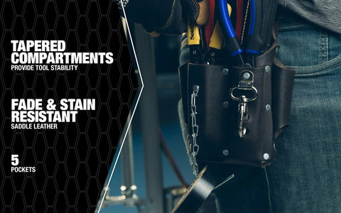Leather Tool Pouch With Five Pockets And Tape Chain, durable and fade resistant, worn on belt with tools visible.