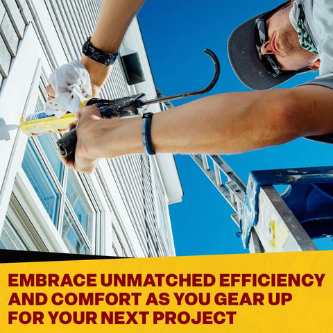 Person using ETS3000 18 To 1 Caulk Gun Heavy Duty Pro Builder Grade for 10oz Cartridges on ladder for sealant application.