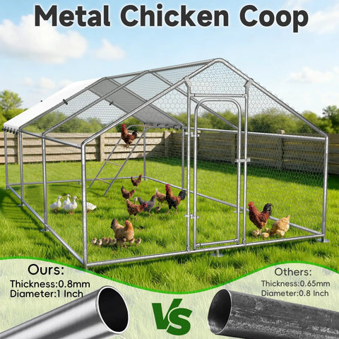 Heavy Duty Outdoor Metal Chicken Coop With Run And Waterproof UV Cover for yard, showcasing solid steel frame and roosting perch.